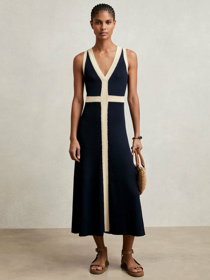 Reiss Craft-Stitch Knitted Midi Dress in Navy