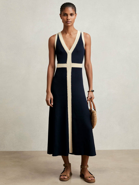 Reiss Value - Craft-Stitch Knitted Midi Dress in Navy