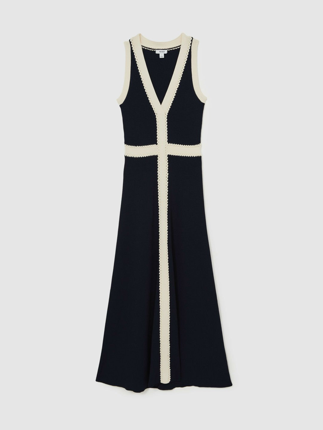 Reiss Craft-Stitch Knitted Midi Dress in Navy