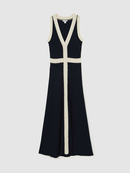 Reiss Craft-Stitch Knitted Midi Dress in Navy