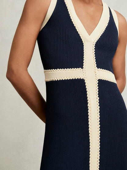 Reiss Craft-Stitch Knitted Midi Dress in Navy