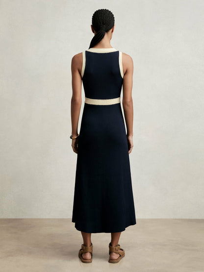 Reiss Craft-Stitch Knitted Midi Dress in Navy