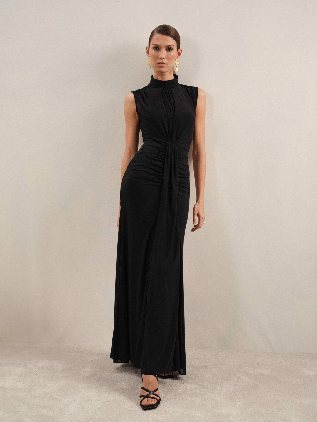 Reiss Petite Sheer Ruched Maxi Dress in Black