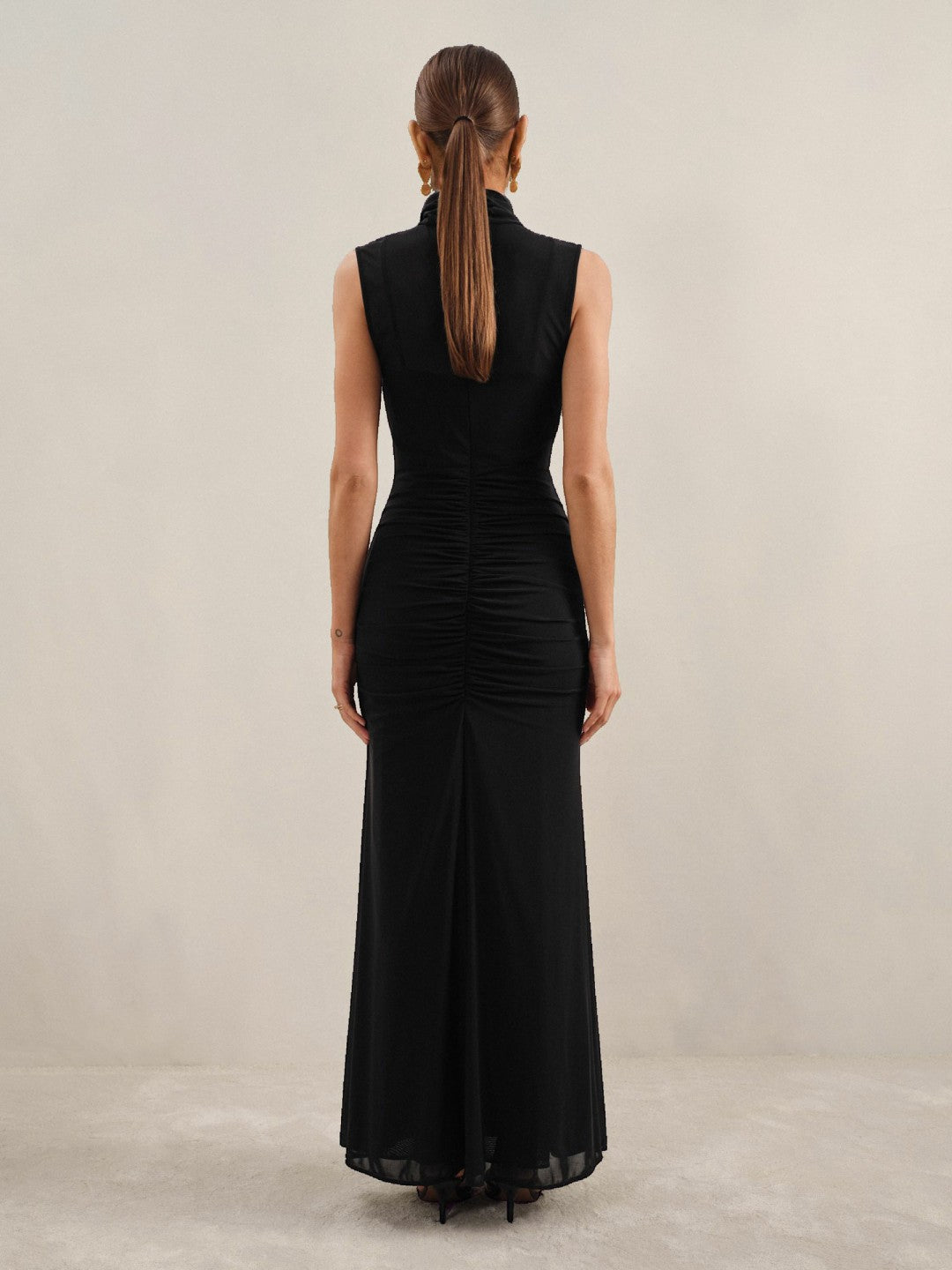 Reiss Petite Sheer Ruched Maxi Dress in Black