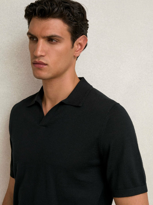 Reiss Deal - Merino Wool Open Collar Polo Shirt in Black