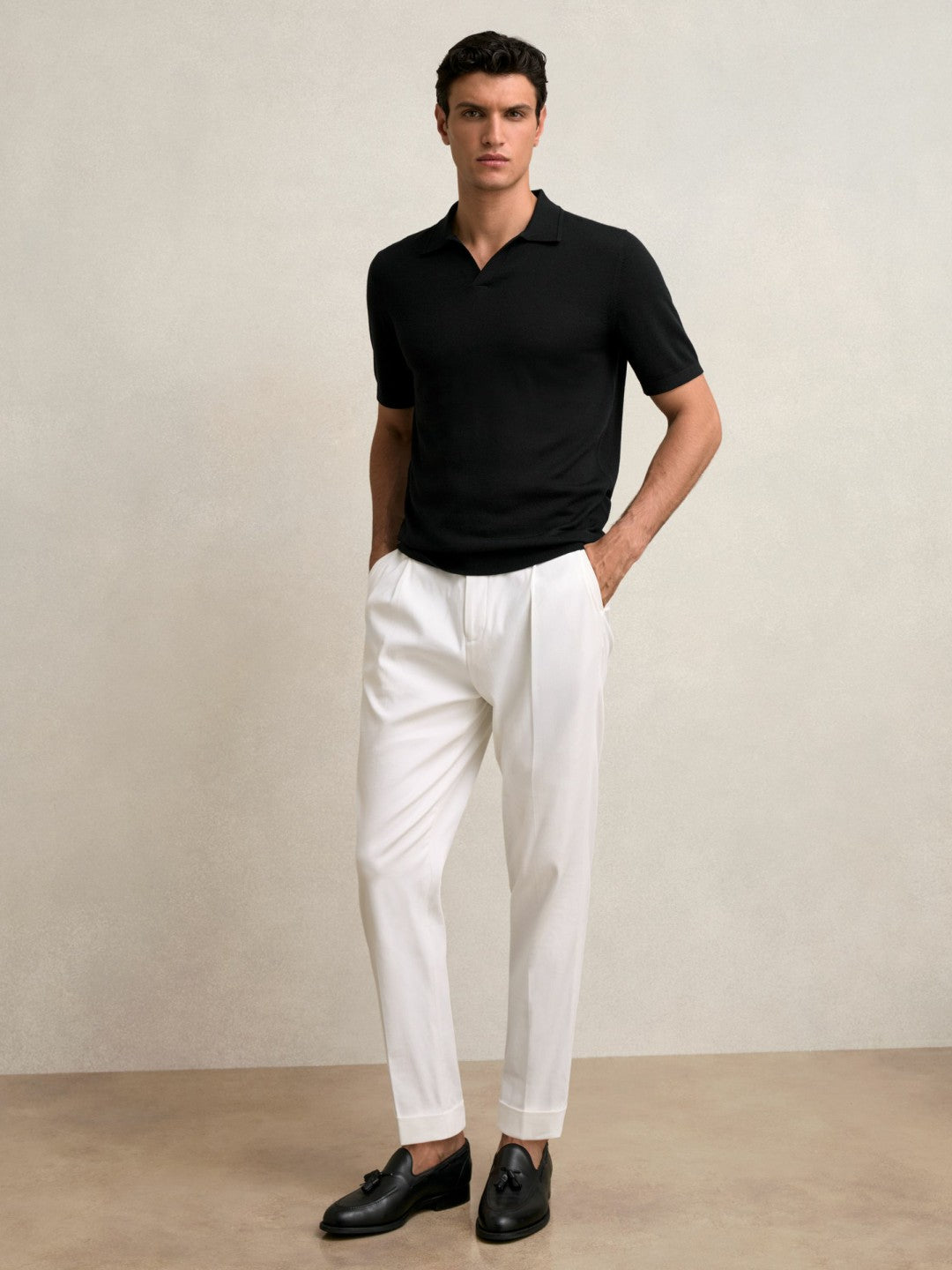 Reiss Deal - Merino Wool Open Collar Polo Shirt in Black