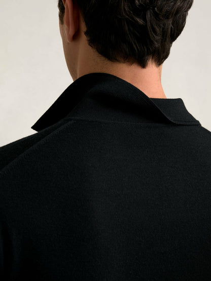 Reiss Deal - Merino Wool Open Collar Polo Shirt in Black