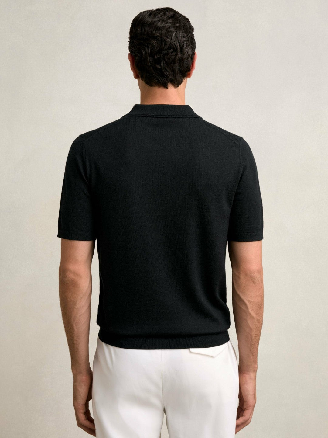Reiss Deal - Merino Wool Open Collar Polo Shirt in Black