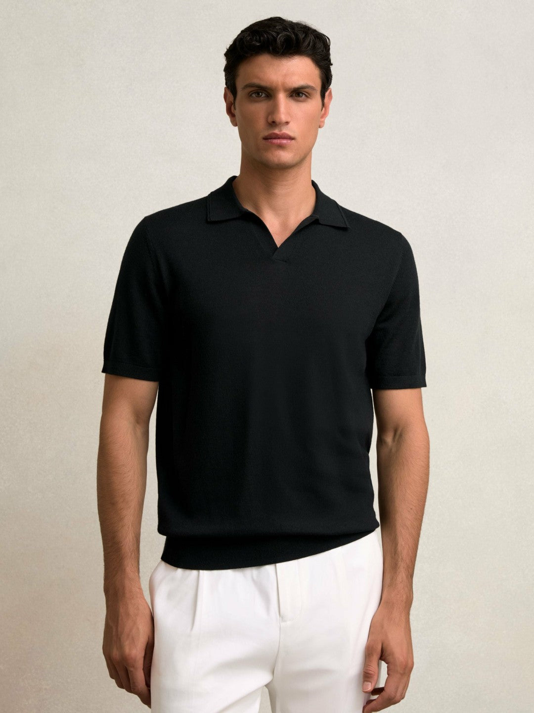 Reiss Deal - Merino Wool Open Collar Polo Shirt in Black