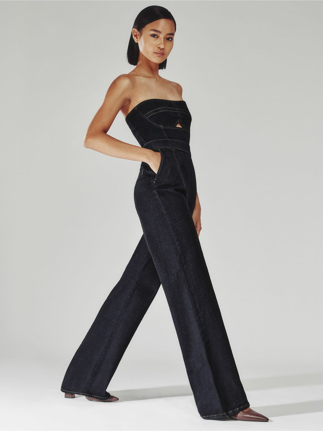 Reiss Sale - Strapless Wide Leg Denim Jumpsuit in Indigo Blue