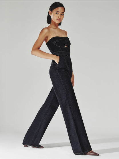 Reiss Sale - Strapless Wide Leg Denim Jumpsuit in Indigo Blue