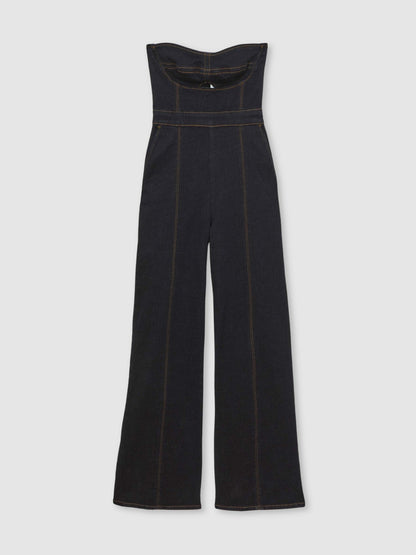 Reiss Sale - Strapless Wide Leg Denim Jumpsuit in Indigo Blue