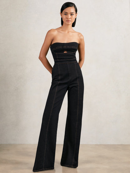 Reiss Sale - Strapless Wide Leg Denim Jumpsuit in Indigo Blue