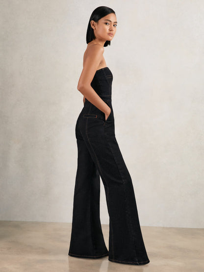 Reiss Sale - Strapless Wide Leg Denim Jumpsuit in Indigo Blue