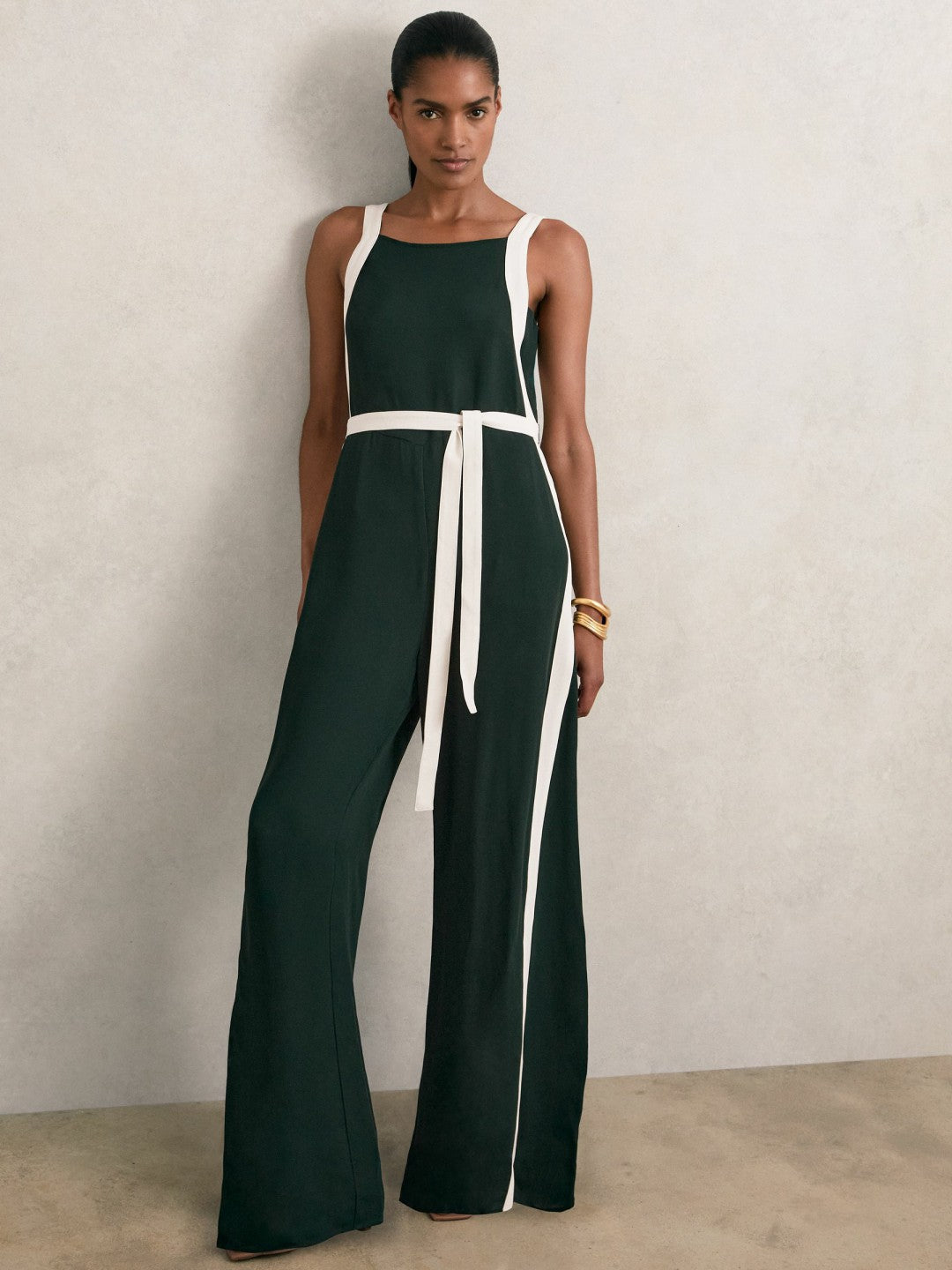 Reiss Savings - Petite Colourblock Wide Leg Belted Jumpsuit in Dark Green/Cream
