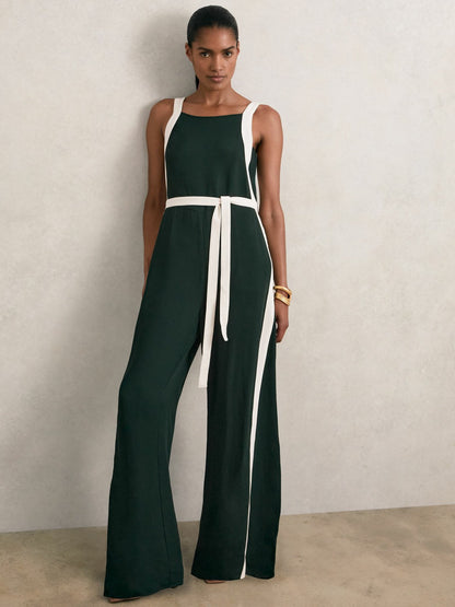 Reiss Savings - Petite Colourblock Wide Leg Belted Jumpsuit in Dark Green/Cream
