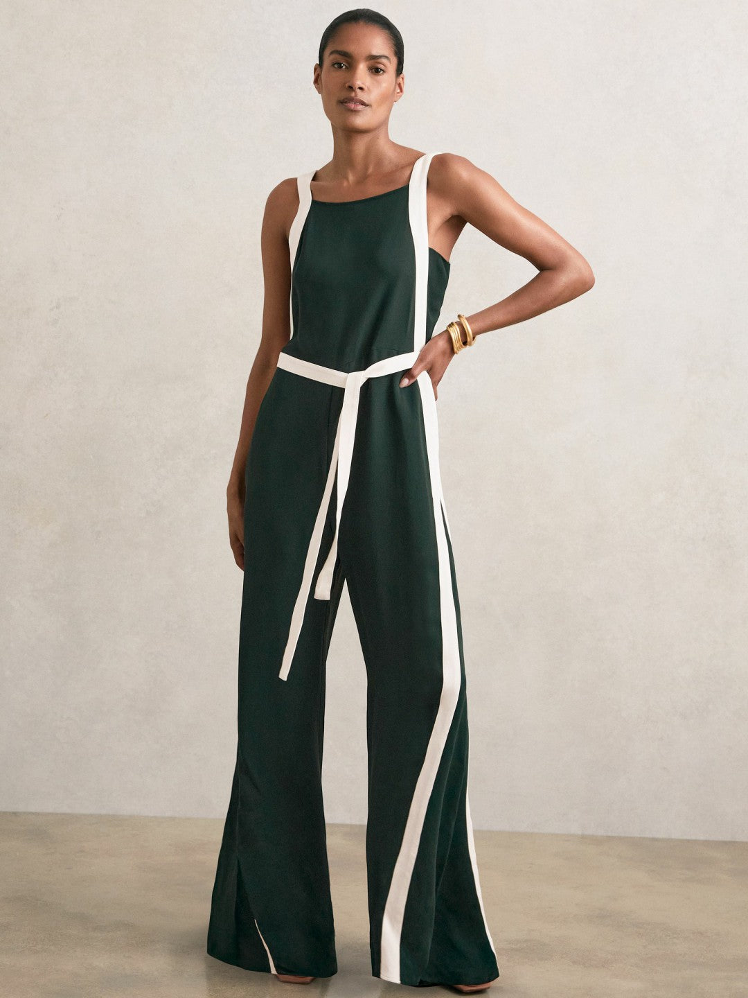 Reiss Savings - Petite Colourblock Wide Leg Belted Jumpsuit in Dark Green/Cream