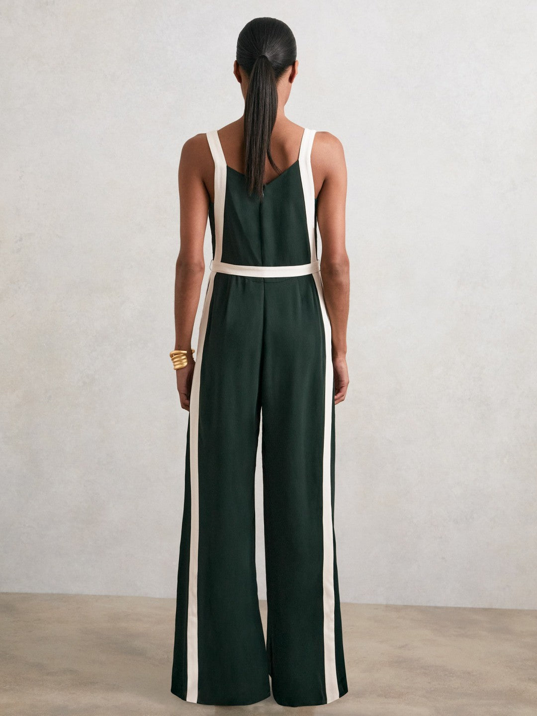 Reiss Savings - Petite Colourblock Wide Leg Belted Jumpsuit in Dark Green/Cream