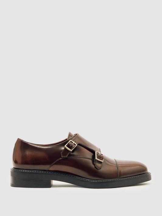Reiss Deal - Leather Double-Strap Monk Shoes in Tan
