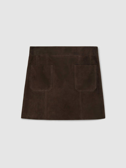 Reiss Best Seller - Mini Suede Patch Pocket Skirt in Chocolate Brown