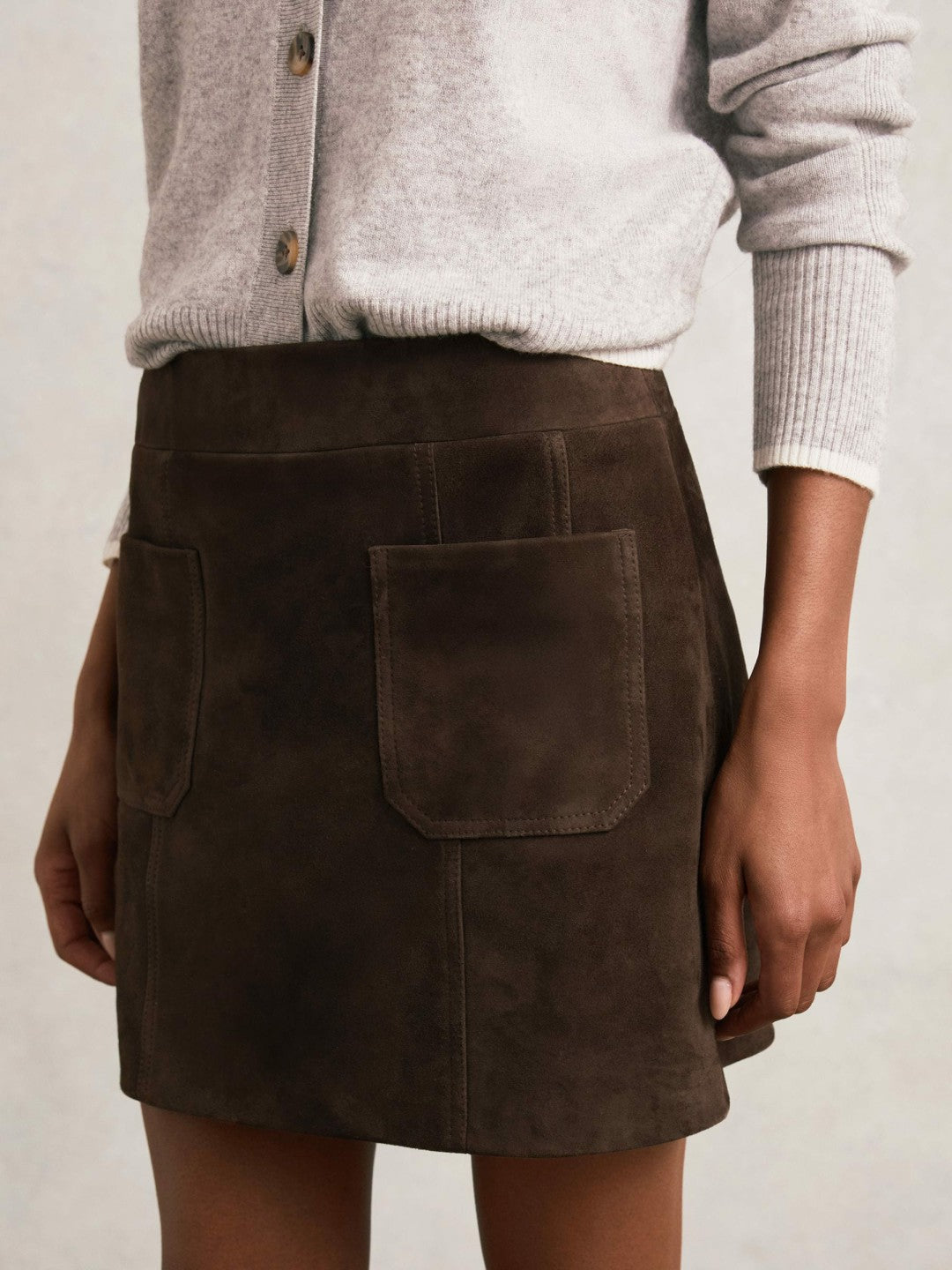 Reiss Best Seller - Mini Suede Patch Pocket Skirt in Chocolate Brown