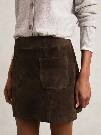 Reiss Best Seller - Mini Suede Patch Pocket Skirt in Chocolate Brown