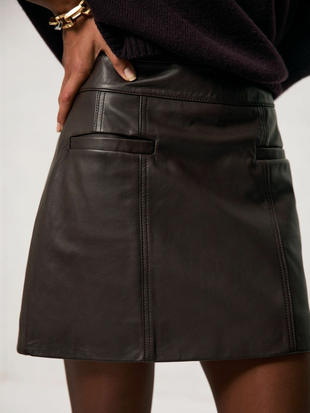 Reiss Sale - Leather Welt-Pocket Mini Skirt in Burgundy