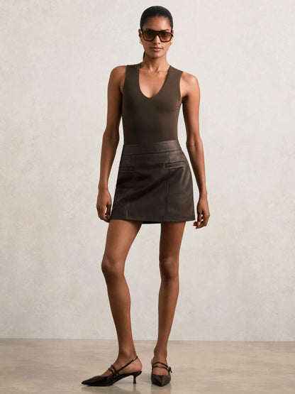 Reiss Sale - Leather Welt-Pocket Mini Skirt in Burgundy