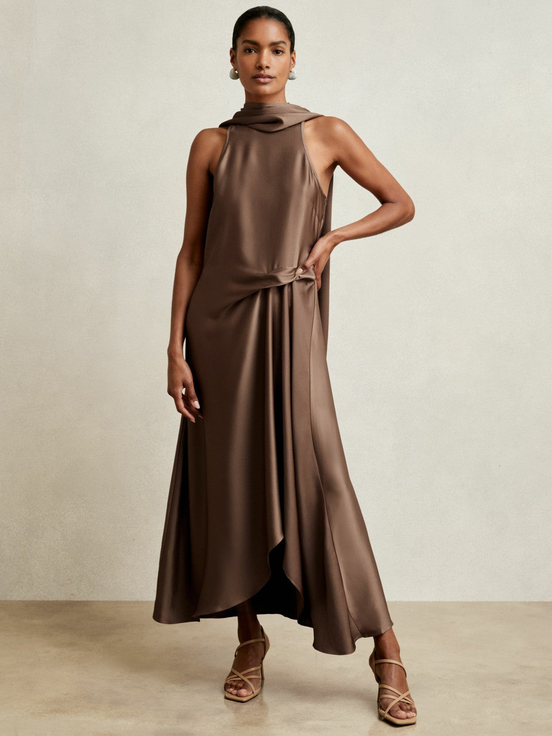 Reiss Satin Tuck-Detail Cape Midi Dress in Taupe Brown