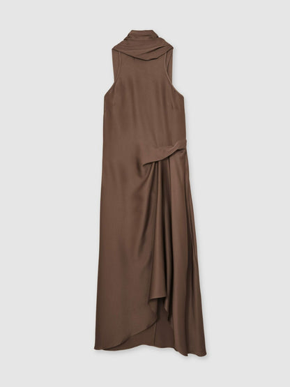 Reiss Satin Tuck-Detail Cape Midi Dress in Taupe Brown