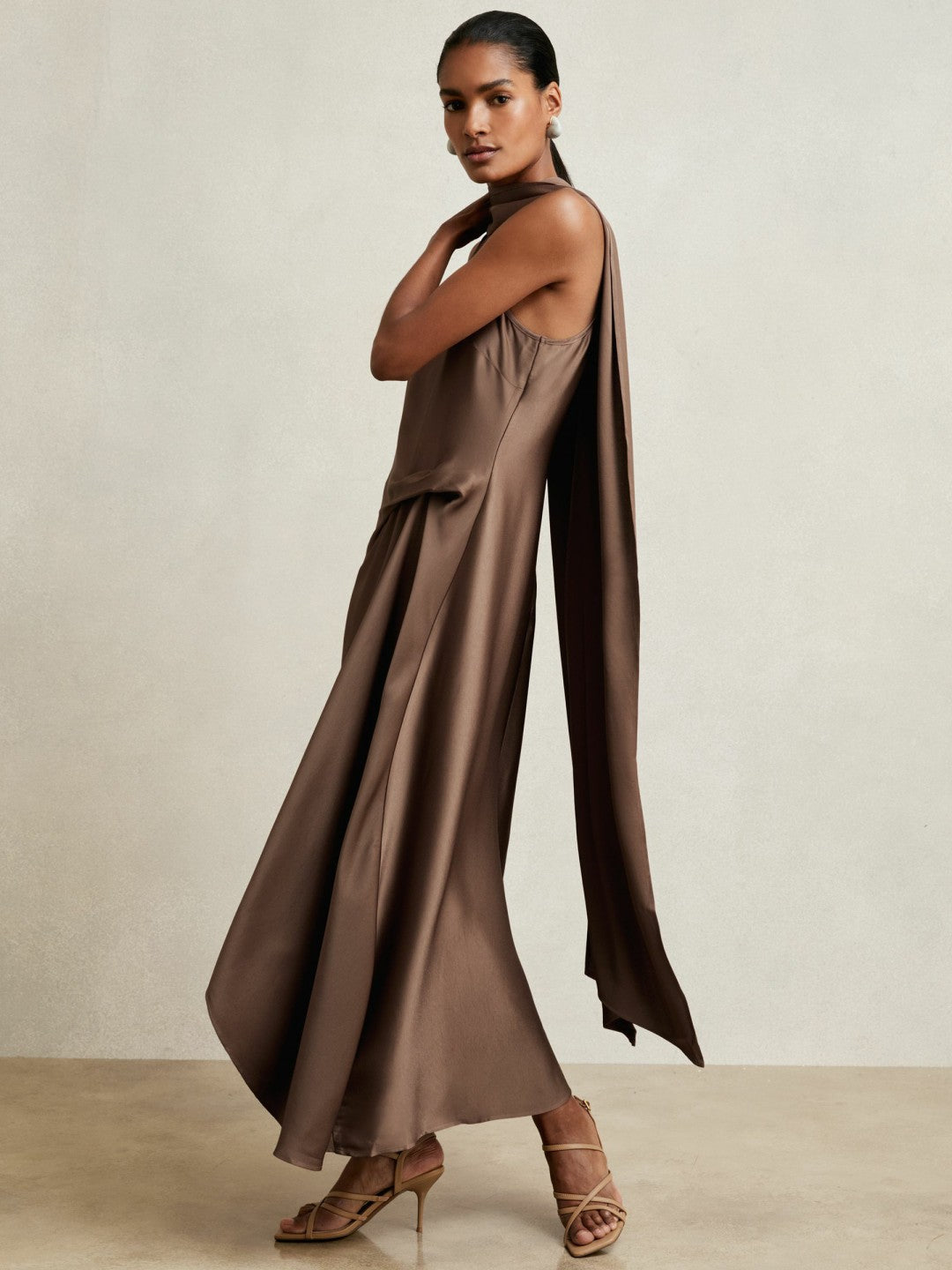 Reiss Satin Tuck-Detail Cape Midi Dress in Taupe Brown