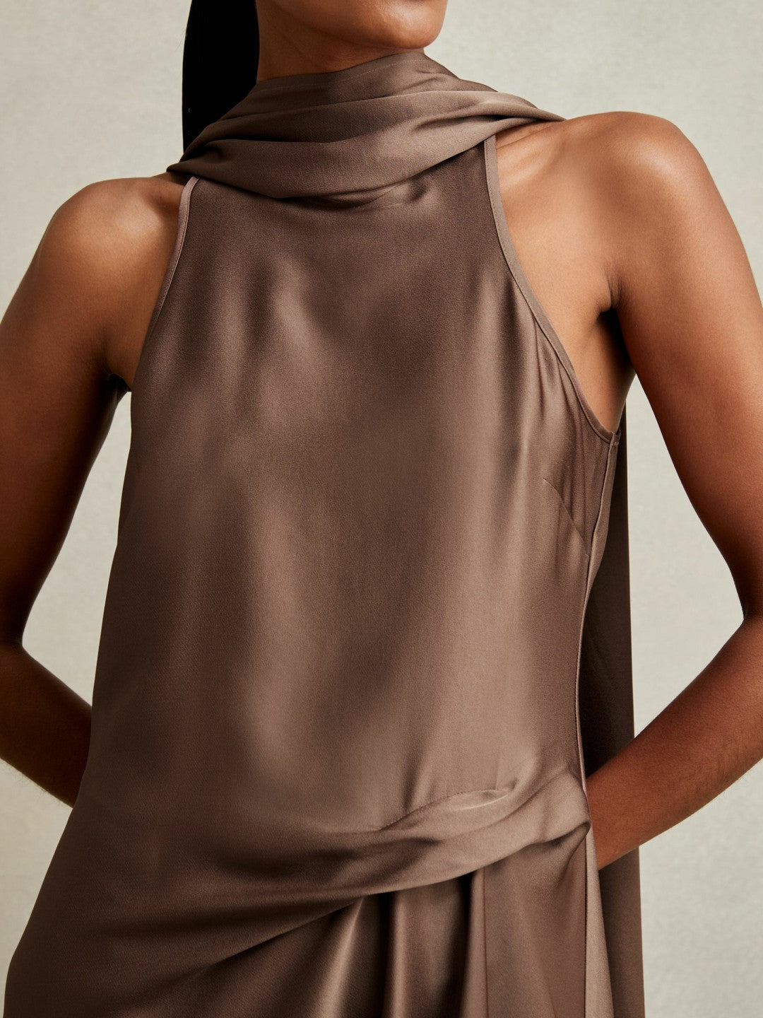 Reiss Satin Tuck-Detail Cape Midi Dress in Taupe Brown