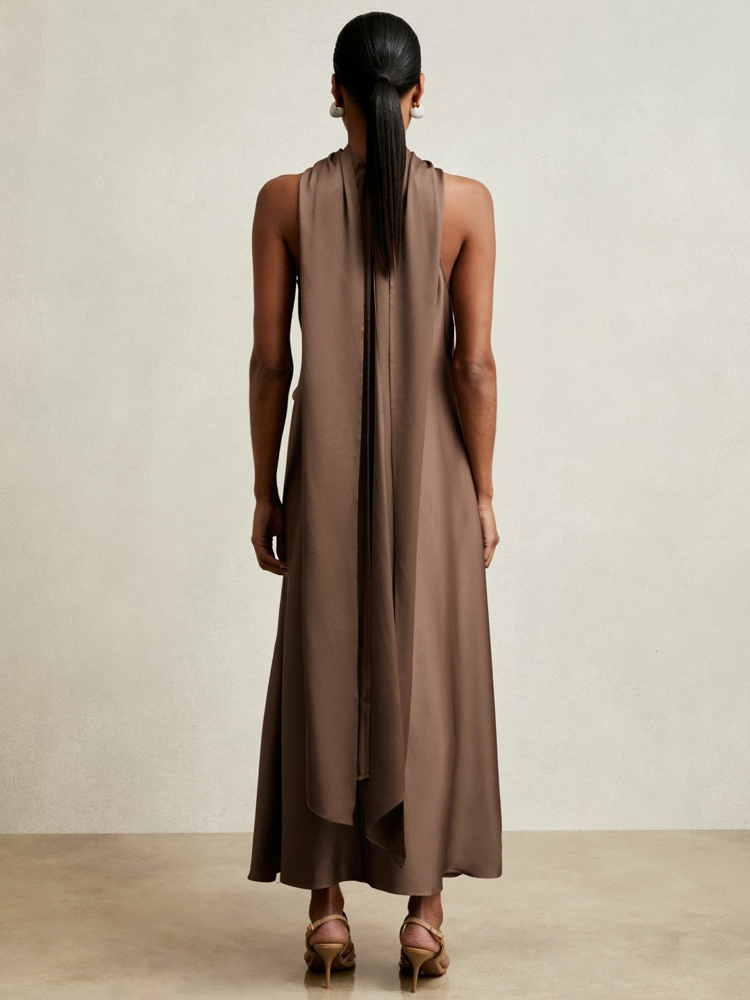 Reiss Satin Tuck-Detail Cape Midi Dress in Taupe Brown