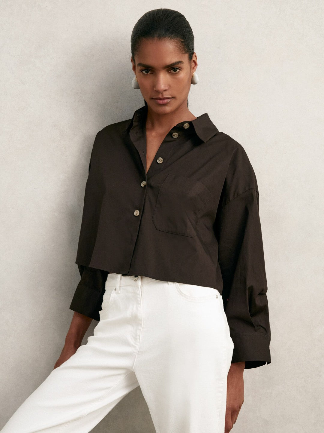 Reiss Deal - Oversize Cotton Cropped Shirt in Chocolate Brown