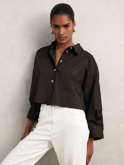 Reiss Deal - Oversize Cotton Cropped Shirt in Chocolate Brown