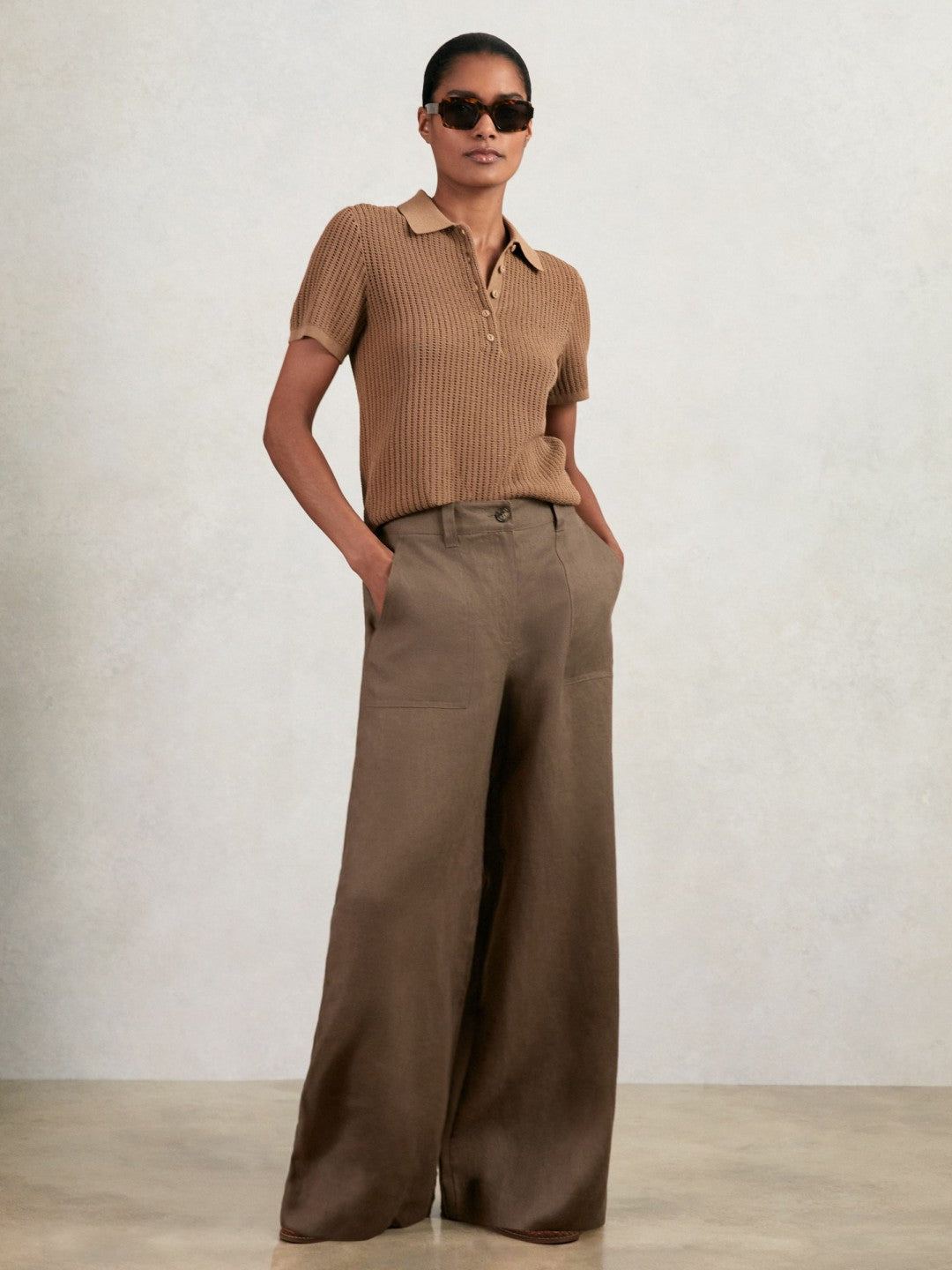 Reiss Linen Wide Leg Trousers in Chocolate Brown