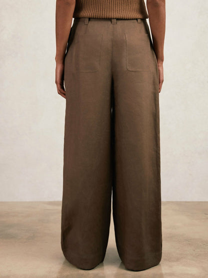 Reiss Linen Wide Leg Trousers in Chocolate Brown