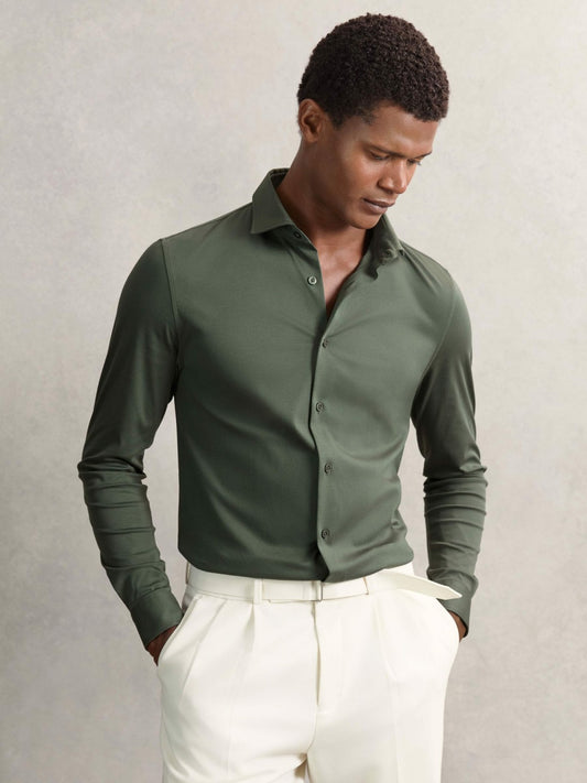 Reiss Sale - Cotton-Jersey Button-Through Shirt in Kale Green