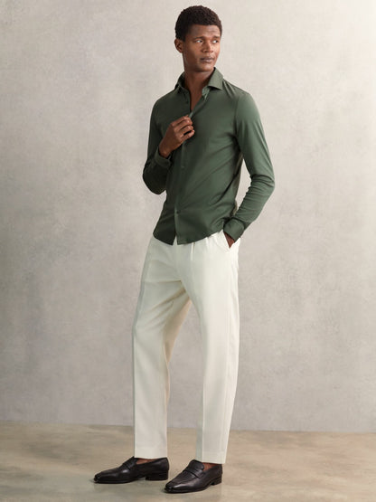 Reiss Sale - Cotton-Jersey Button-Through Shirt in Kale Green