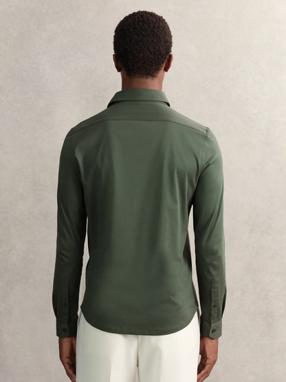 Reiss Sale - Cotton-Jersey Button-Through Shirt in Kale Green
