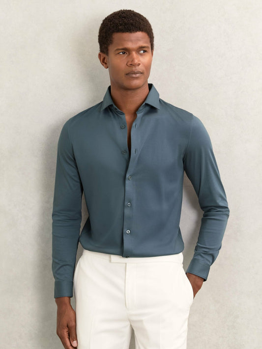 Reiss Value - Cotton-Jersey Button-Through Shirt in Airforce Blue