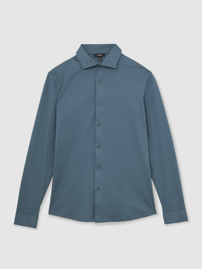 Reiss Value - Cotton-Jersey Button-Through Shirt in Airforce Blue