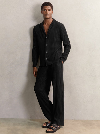 Reiss Savings - Plissé Cuban-Collar Long-Sleeve Shirt in Black