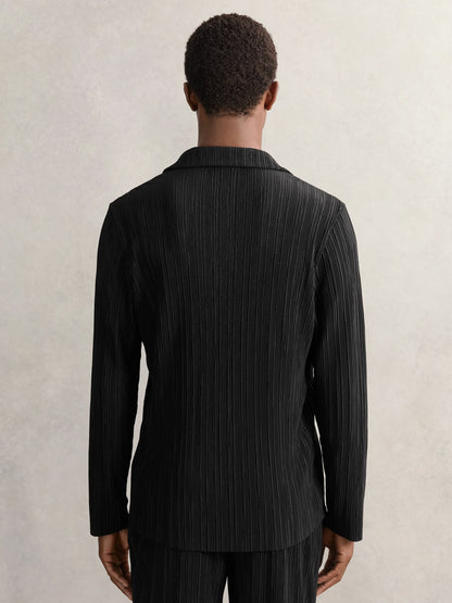 Reiss Savings - Plissé Cuban-Collar Long-Sleeve Shirt in Black