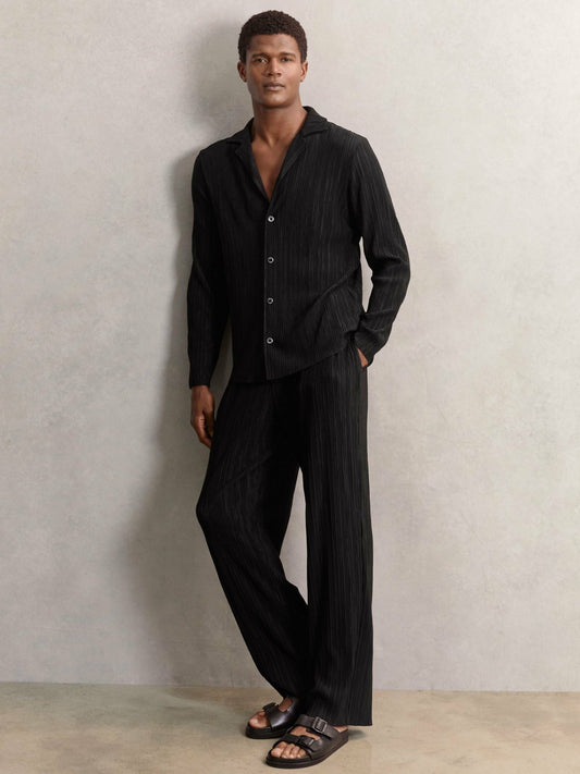 Reiss Affordable - Plissé Wide Leg Trousers in Black