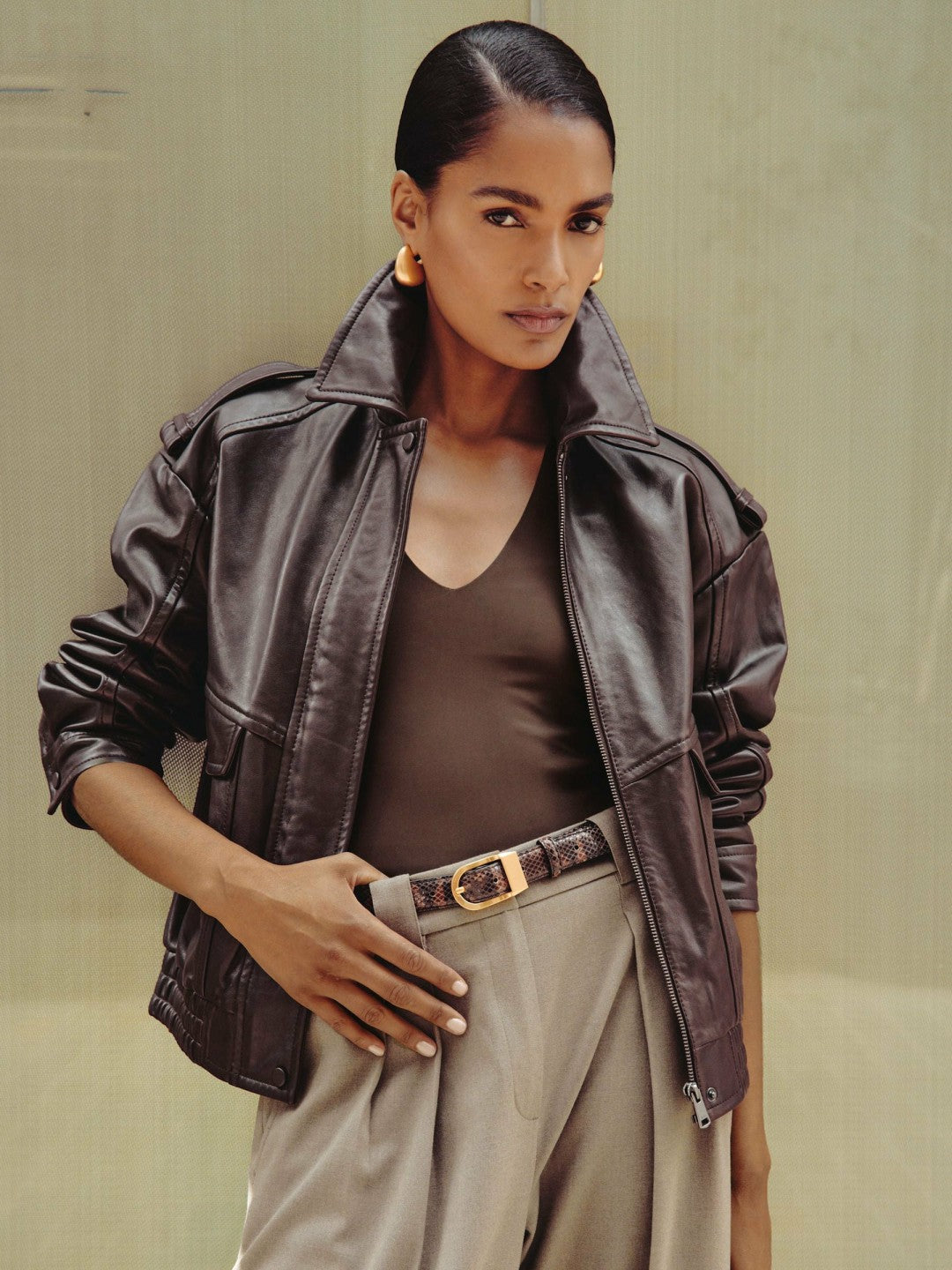 Reiss Popular Choice - Oversized Leather Jacket in Aubergine