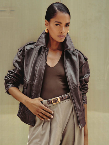 Reiss Popular Choice - Oversized Leather Jacket in Aubergine