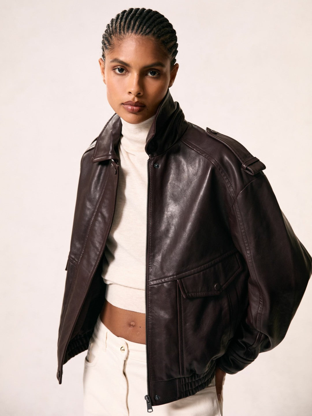 Reiss Popular Choice - Oversized Leather Jacket in Aubergine