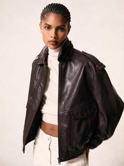 Reiss Popular Choice - Oversized Leather Jacket in Aubergine
