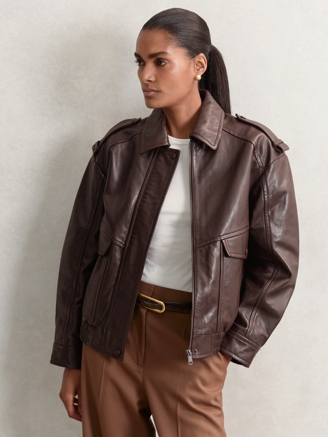 Reiss Popular Choice - Oversized Leather Jacket in Aubergine